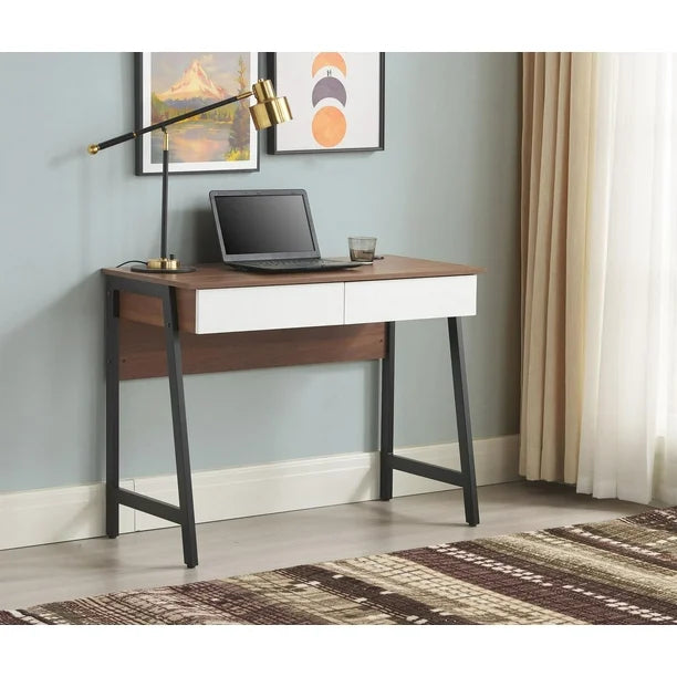 Mainstays 2 Drawers Computer Desk with USB Charger, 39.4' Study Writing Table, White Finish., Mainstays 2 Drawers Computer Desk with USB Charger