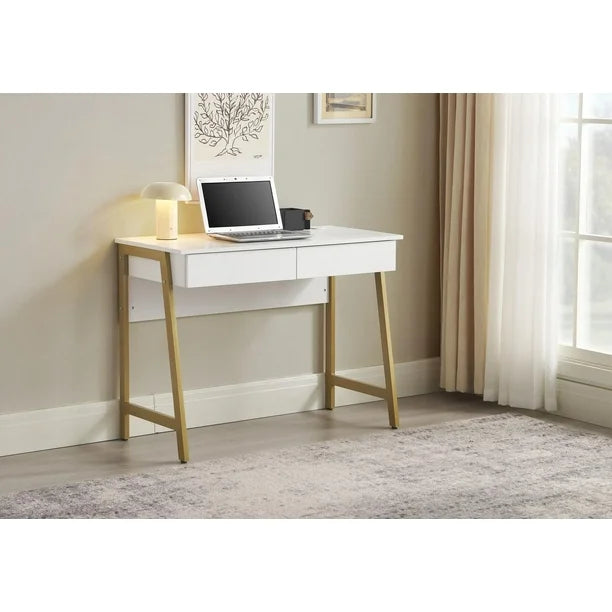 Mainstays 2 Drawers Computer Desk with USB Charger, 39.4' Study Writing Table, White Finish., Mainstays 2 Drawers Computer Desk with USB Charger