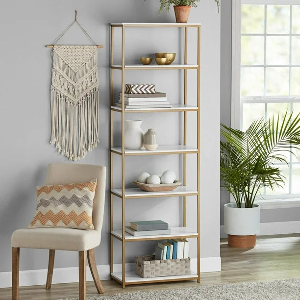 Mainstays 6-Shelf Metal Frame Bookcase, White/Gold, 6 shelves, 190 cm tall