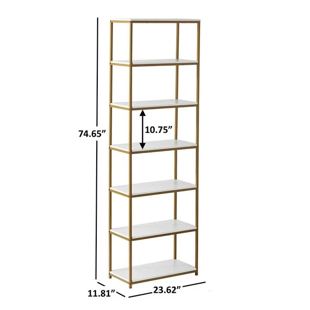 Mainstays 6-Shelf Metal Frame Bookcase, White/Gold, 6 shelves, 190 cm tall