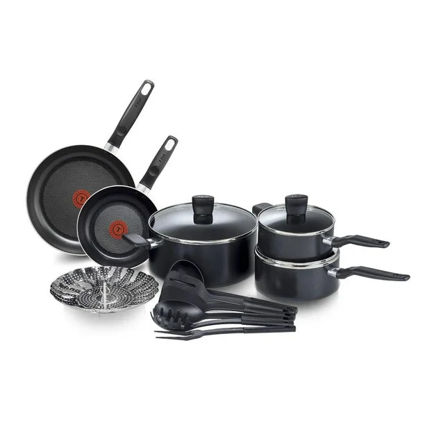 T-fal Essential 15PC Aluminum Cookware Set Black, 15-piece set