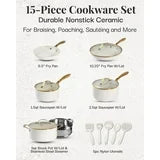 Gotham Steel Naturals Cream 15 Pc Heavy Duty Nonstick Ceramic Cookware Set With Cooking Utensils, Gotham Steel 15 pc Cream Cookware Set