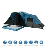 Ozark Trail 10 Person Dome Tent, Fiberglass Poles, Blue Color, Maximum Occupancy is 10 Person, 10 Person Family Dome Tent